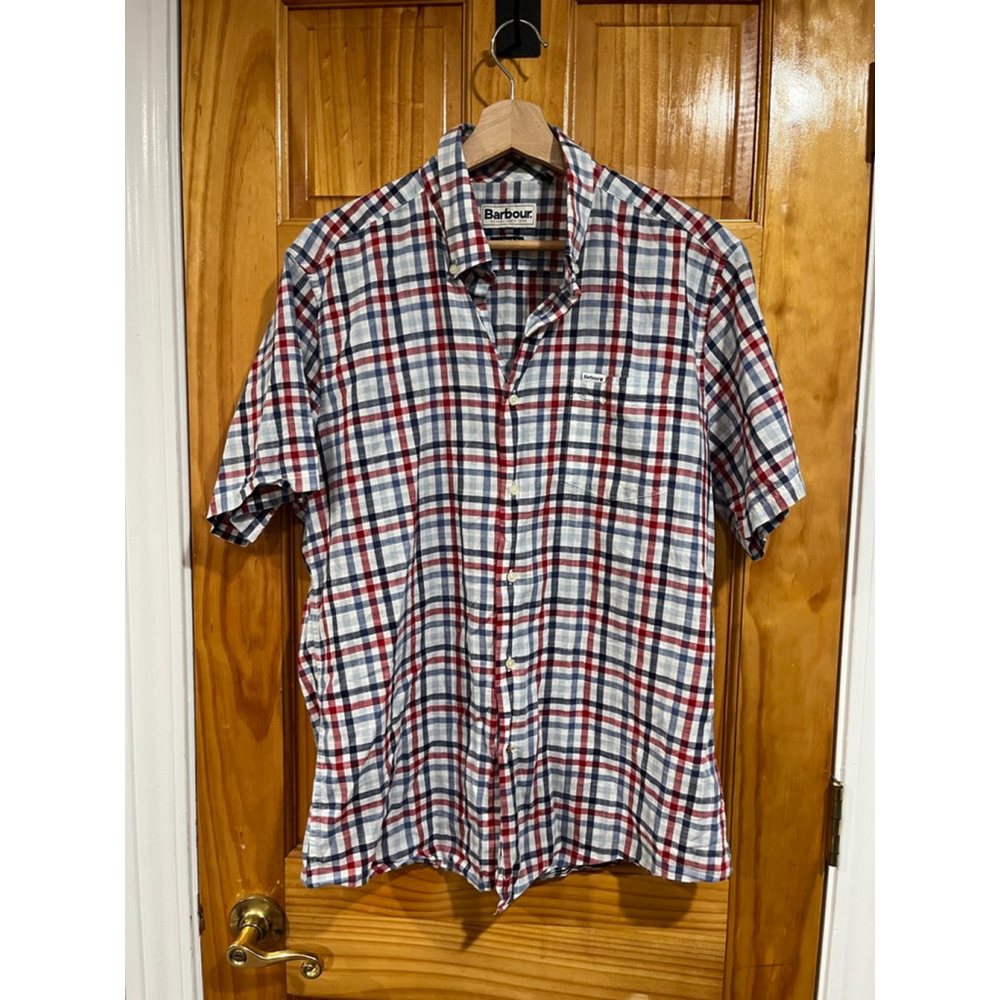 Barbour Red Blue Men's Tailor Fit Short Sleeve Button Up Shirt Size Medium